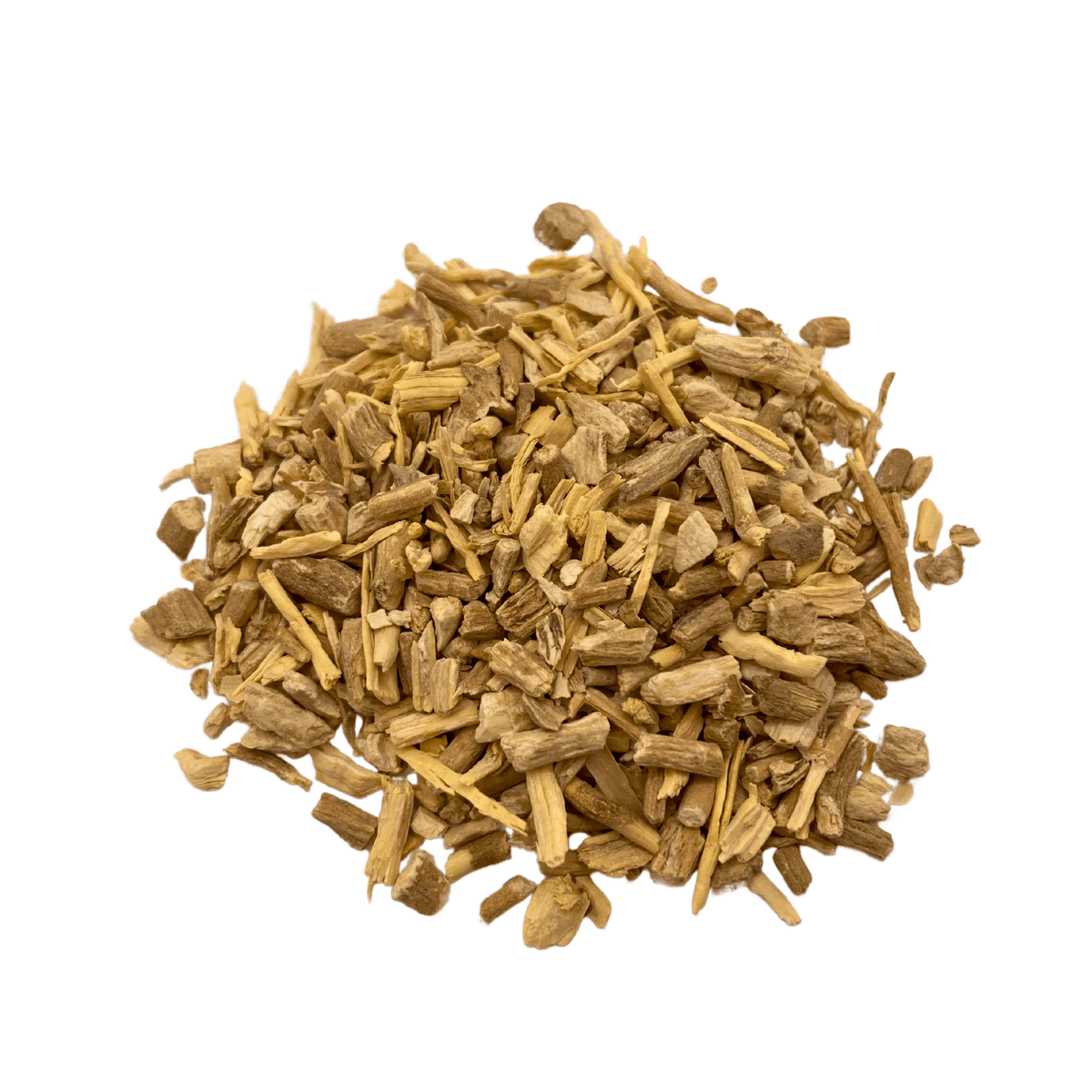 Pile of organic dried ashwagandha root pieces on a white background