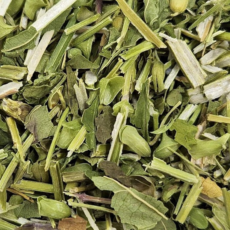 Close-up of organic dried skullcap, cut leaves and stems