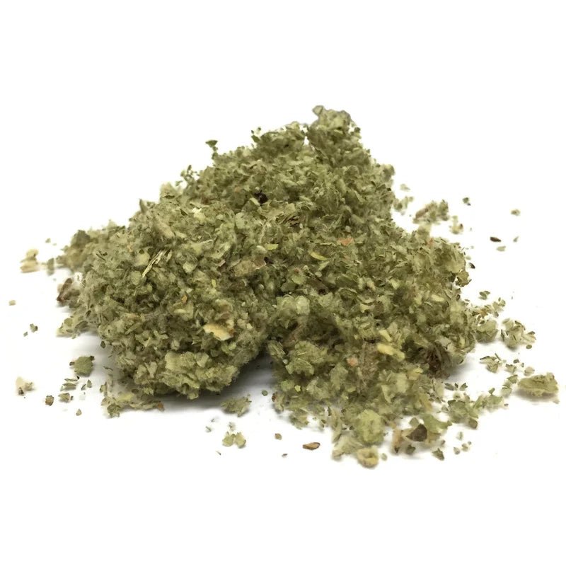 Pile of organic dried mullein leaf, cut and sifted, on a white background