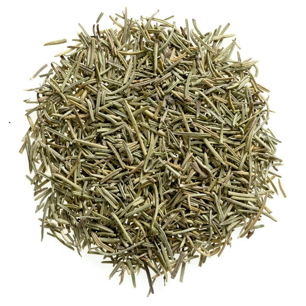 Pile of organic dried rosemary leaves on a white background