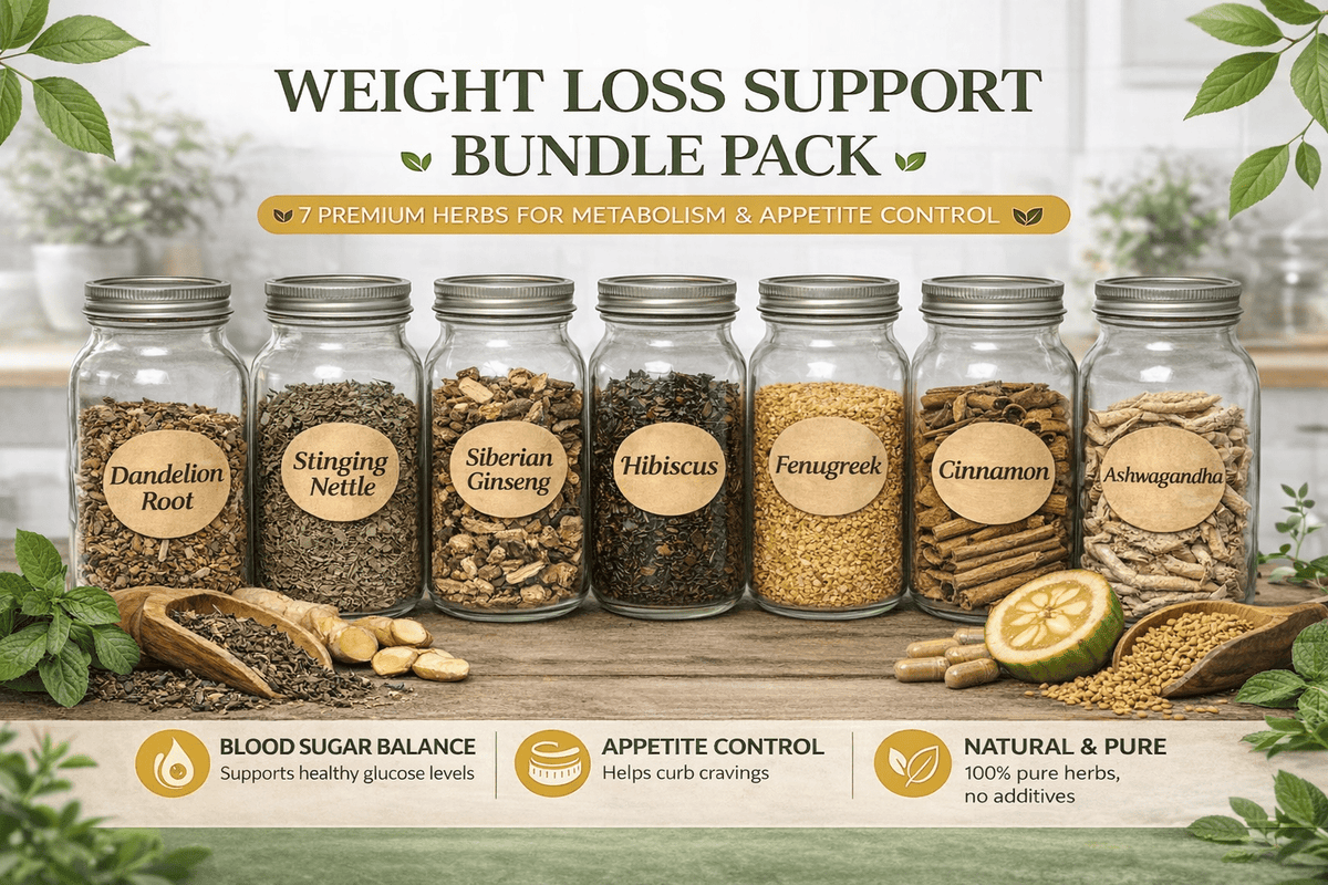 Seven glass jars of loose bulk herbs: dandelion root, nettle, Siberian ginseng, hibiscus, fenugreek, cinnamon and ashwagandha