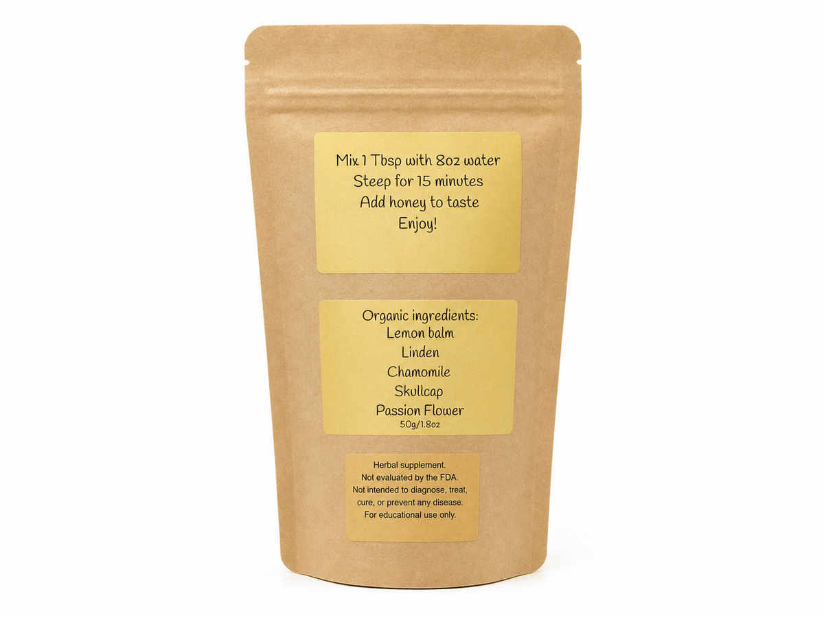 Back of the AnxiTEA pouch with brewing instructions and organic ingredient list