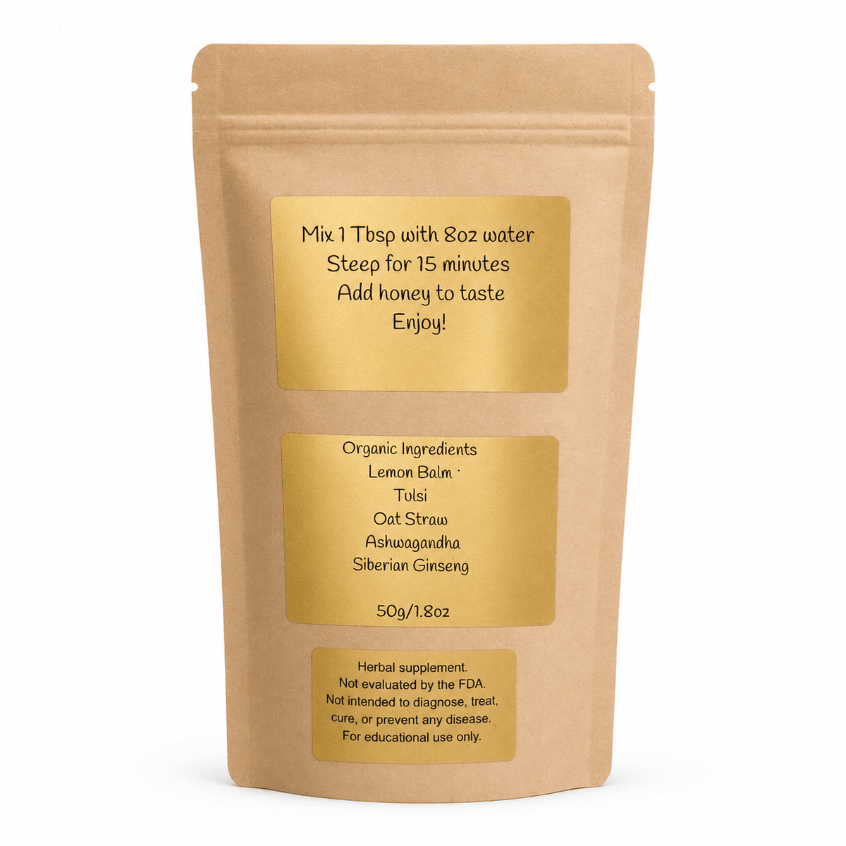 Back of the Daily Focus Tonic pouch with brewing instructions and organic ingredient list