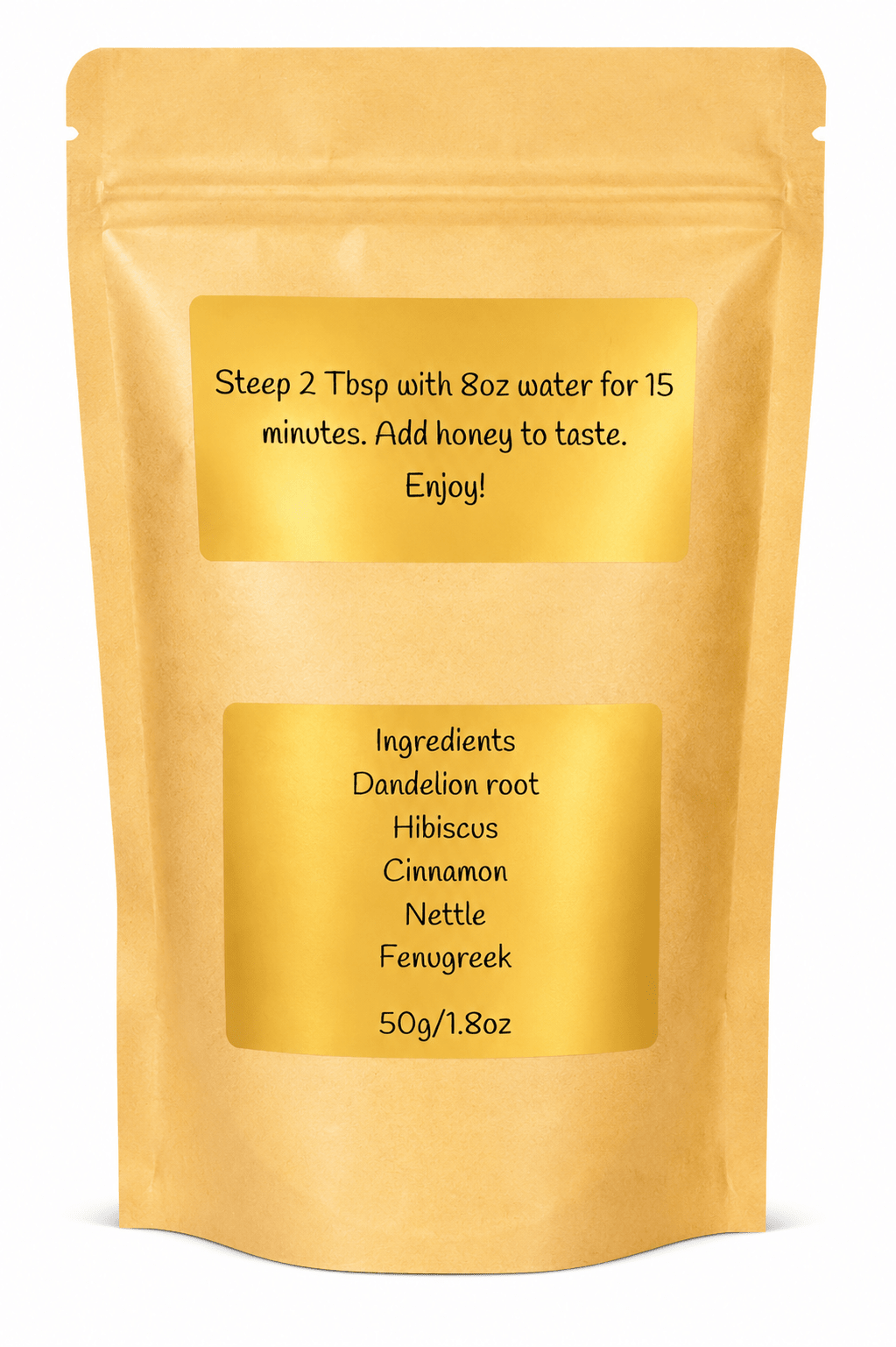 Back of the Harmonious Hunger Tonic pouch with brewing instructions and organic ingredient list
