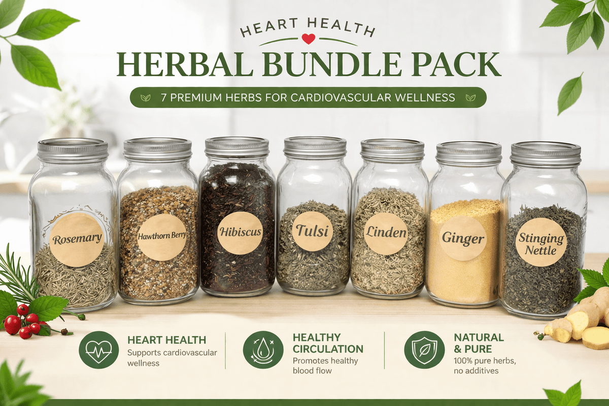 Heart Forward Herbal Bundle: eight glass jars of loose bulk herbs, including hawthorn, hibiscus, tulsi and nettle