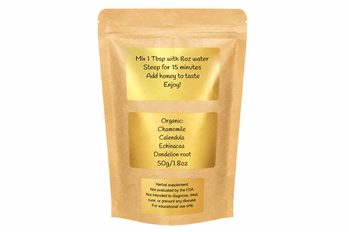 Back of the Liver & Lymph Tonic pouch with brewing instructions and organic ingredient list