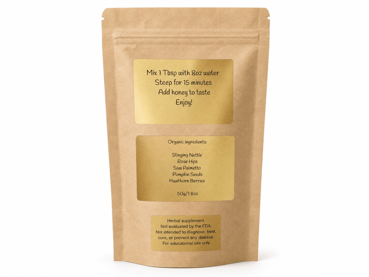 Back of the Men's Balance Brew pouch with brewing instructions and organic ingredient list