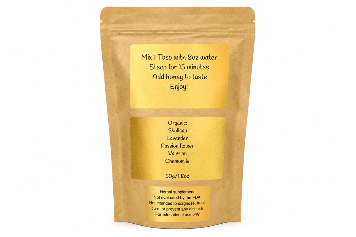 Back of the Night Night Tonic pouch with brewing instructions and organic ingredient list