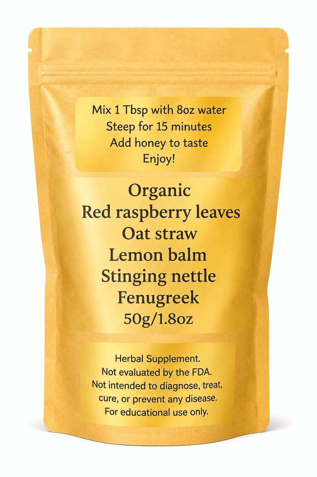 Back of the Nurtured Nectar pouch with brewing instructions and organic ingredient list