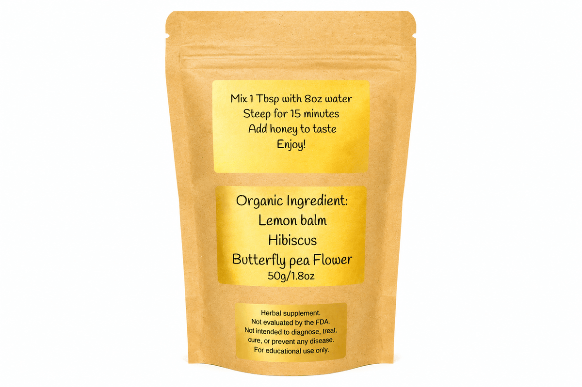 Back of the Positivity Tonic pouch with brewing instructions and organic ingredient list