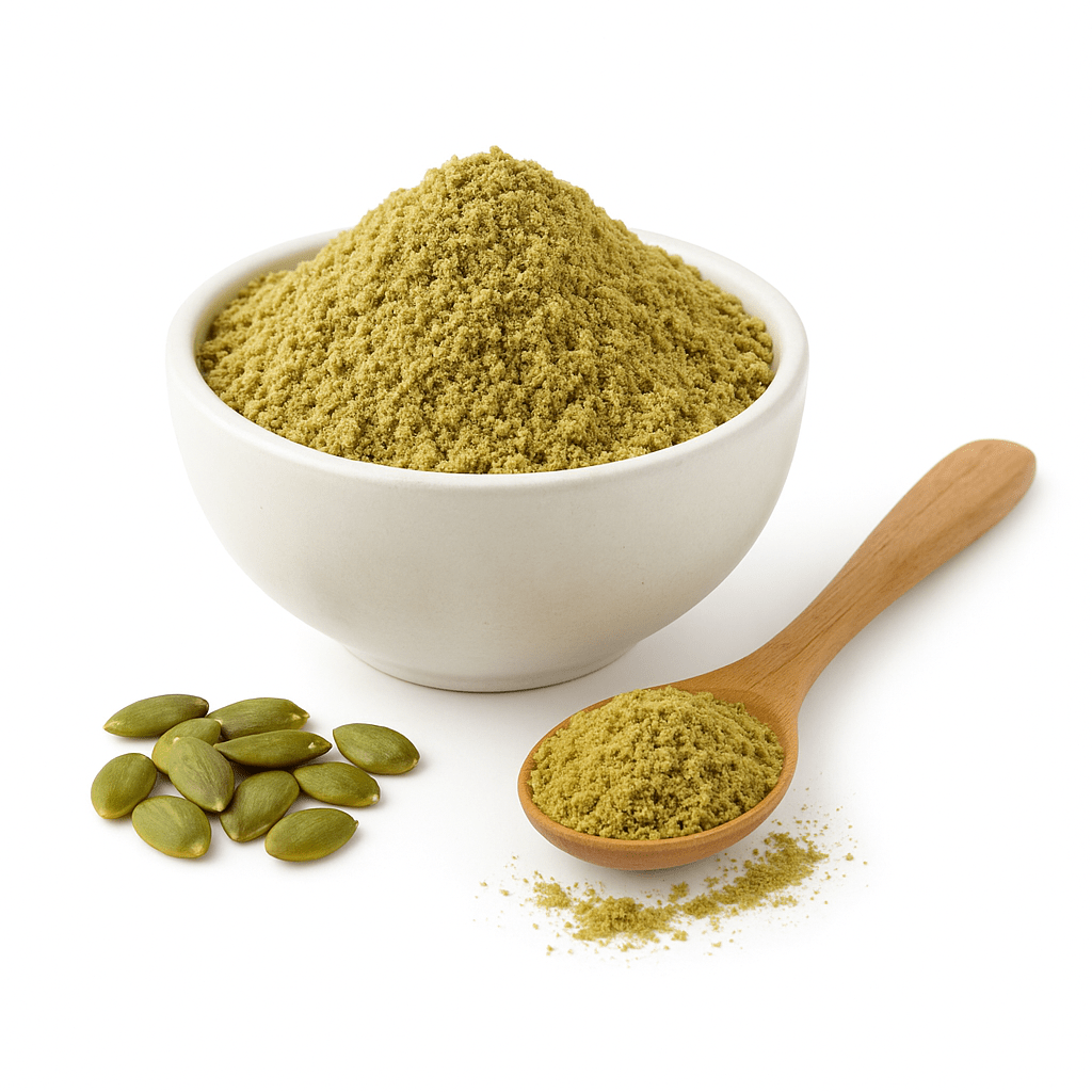Organic pumpkin seed powder in a white bowl with a wooden spoon and green pumpkin seeds on a white background.
