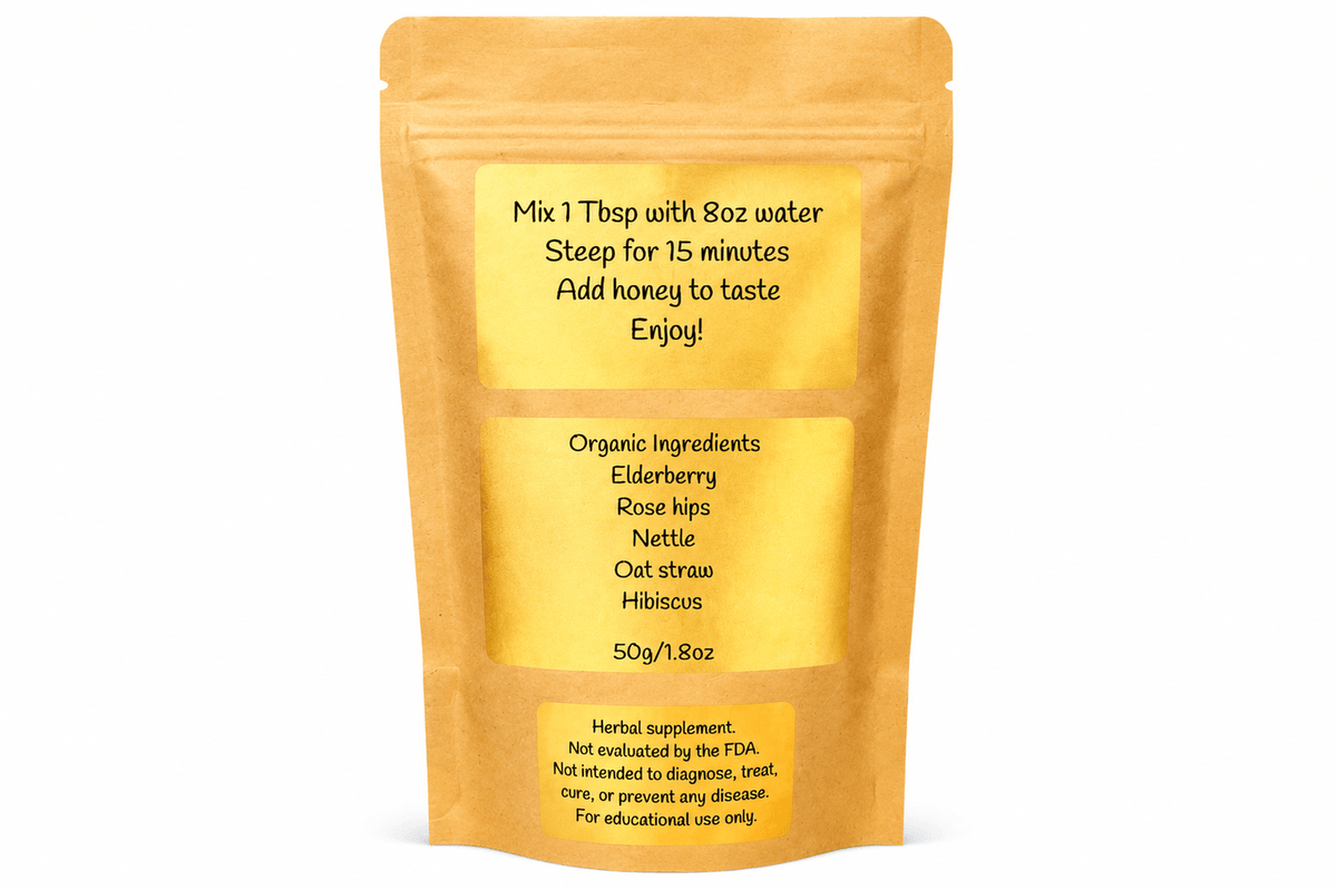 Back of the Rosie Revitaliser Tonic pouch with brewing instructions and organic ingredient list
