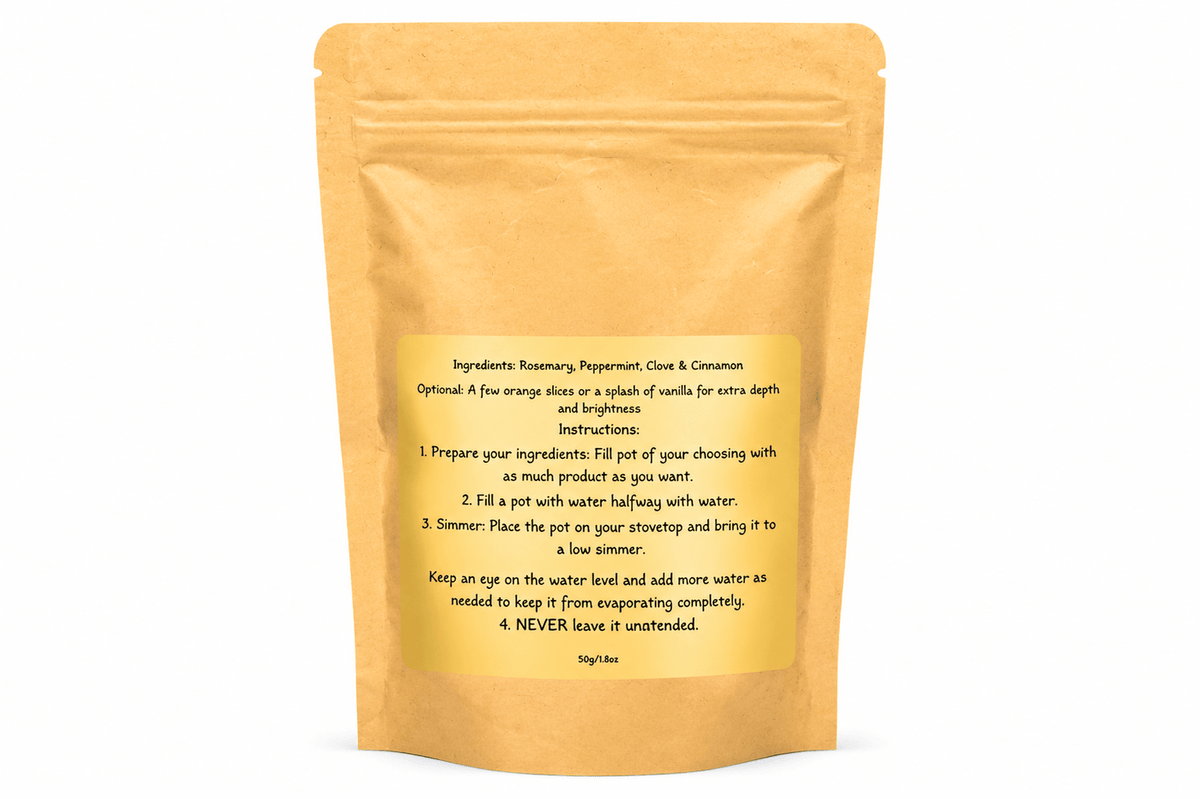 Back of The Simmerillion pouch with simmering directions and ingredient list