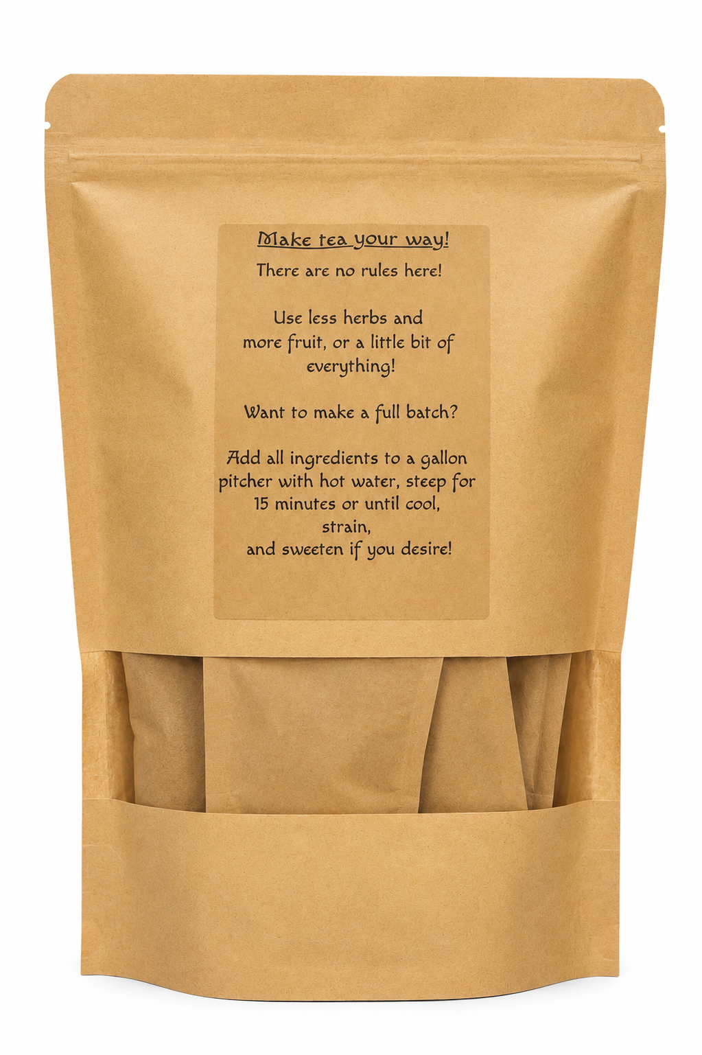 The back of the bundle of Bramble Orchard with a simple recipe on the back about how to make a gallon of tea.