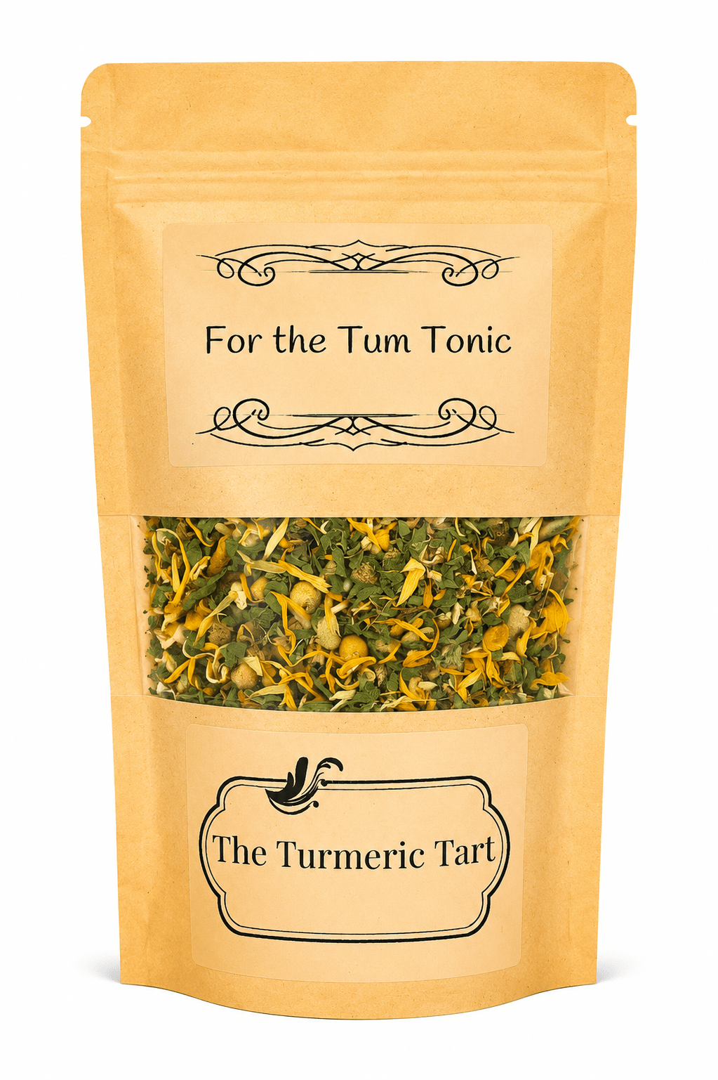 For the Tum Tonic loose leaf herbal tea in a kraft pouch with a window, by The Turmeric Tart