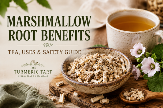 Dried marshmallow root pieces in a rustic bowl beside a warm cup of herbal tea, with soft pink mallow flowers and text reading “Marshmallow Root Benefits: Tea, Uses & Safety Guide” for The Turmeric Tart blog.