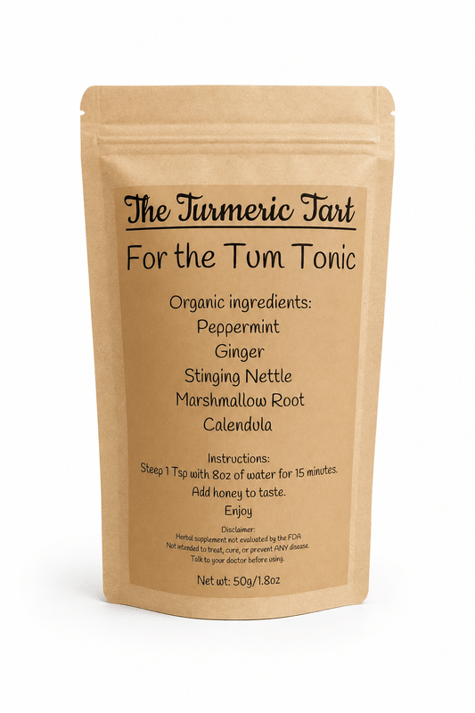 For the Tum Tonic kraft pouch by The Turmeric Tart with ingredients and brewing instructions on the label
