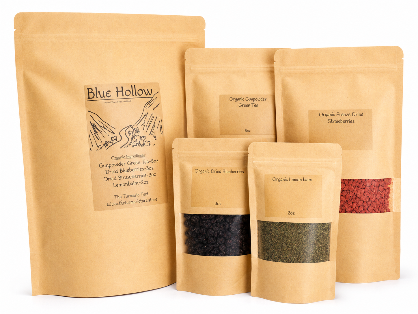 Set of brown paper bags with 'Blue Hollow' branding and product labels on a white background