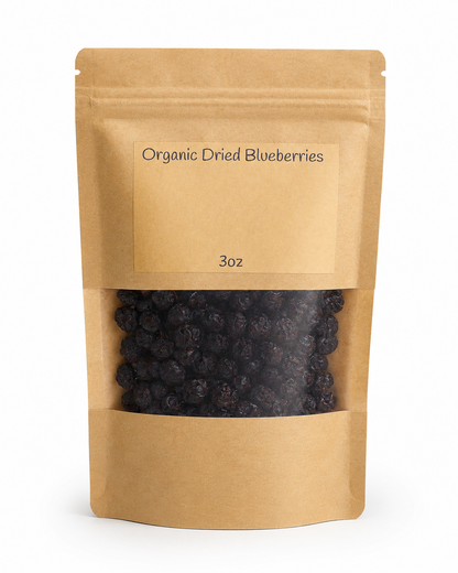 Kraft paper packaging of organic dried blueberries on a white background