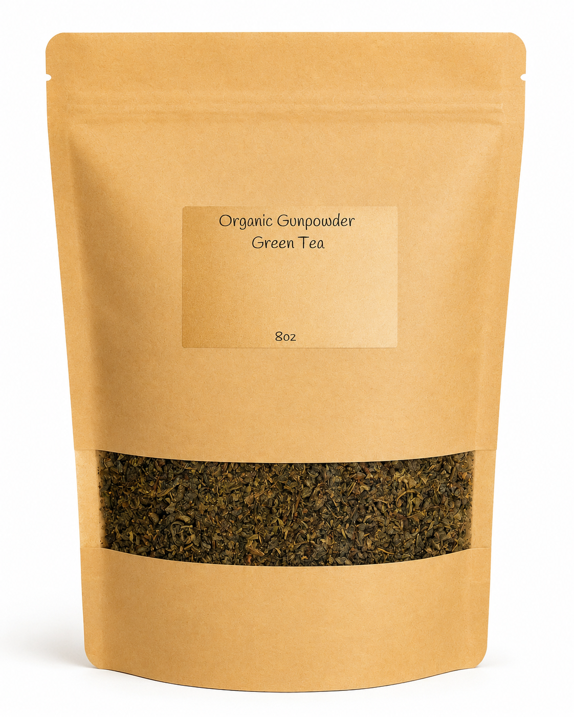 Kraft paper packaging of organic gunpowder green tea on a white background