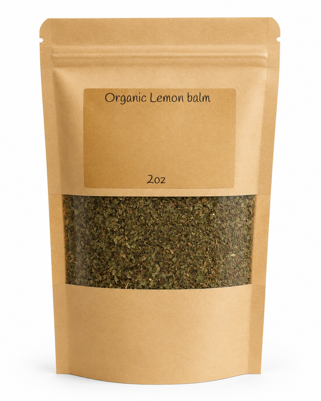 Kraft paper packaging of organic lemon balm on a white background