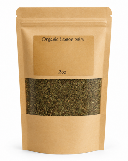 Kraft paper packaging of organic lemon balm on a white background