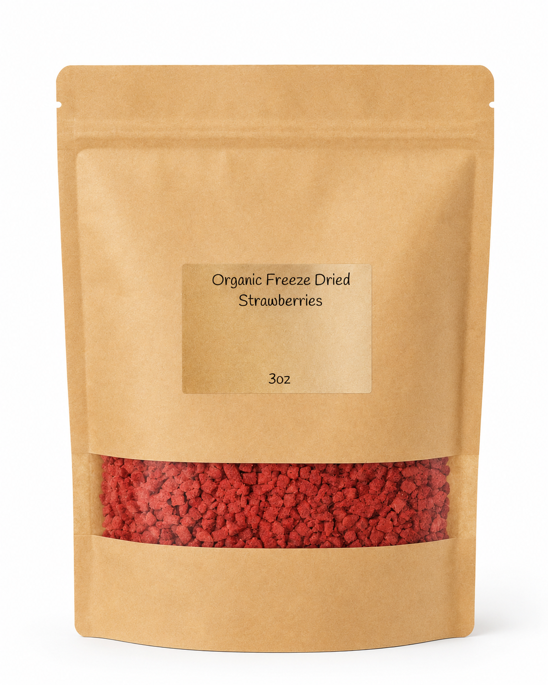 Kraft paper package of organic freeze-dried strawberries on a white background