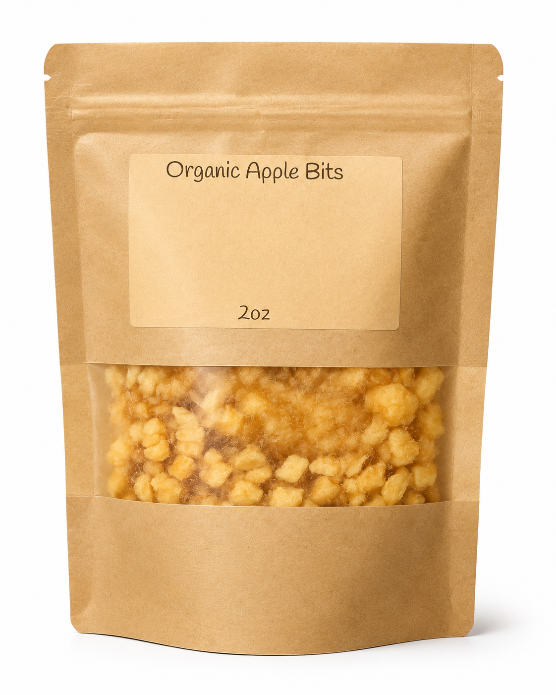 a picture of two ounces of organic apple bits inside a brown resealable bag with a viewing window to see the material