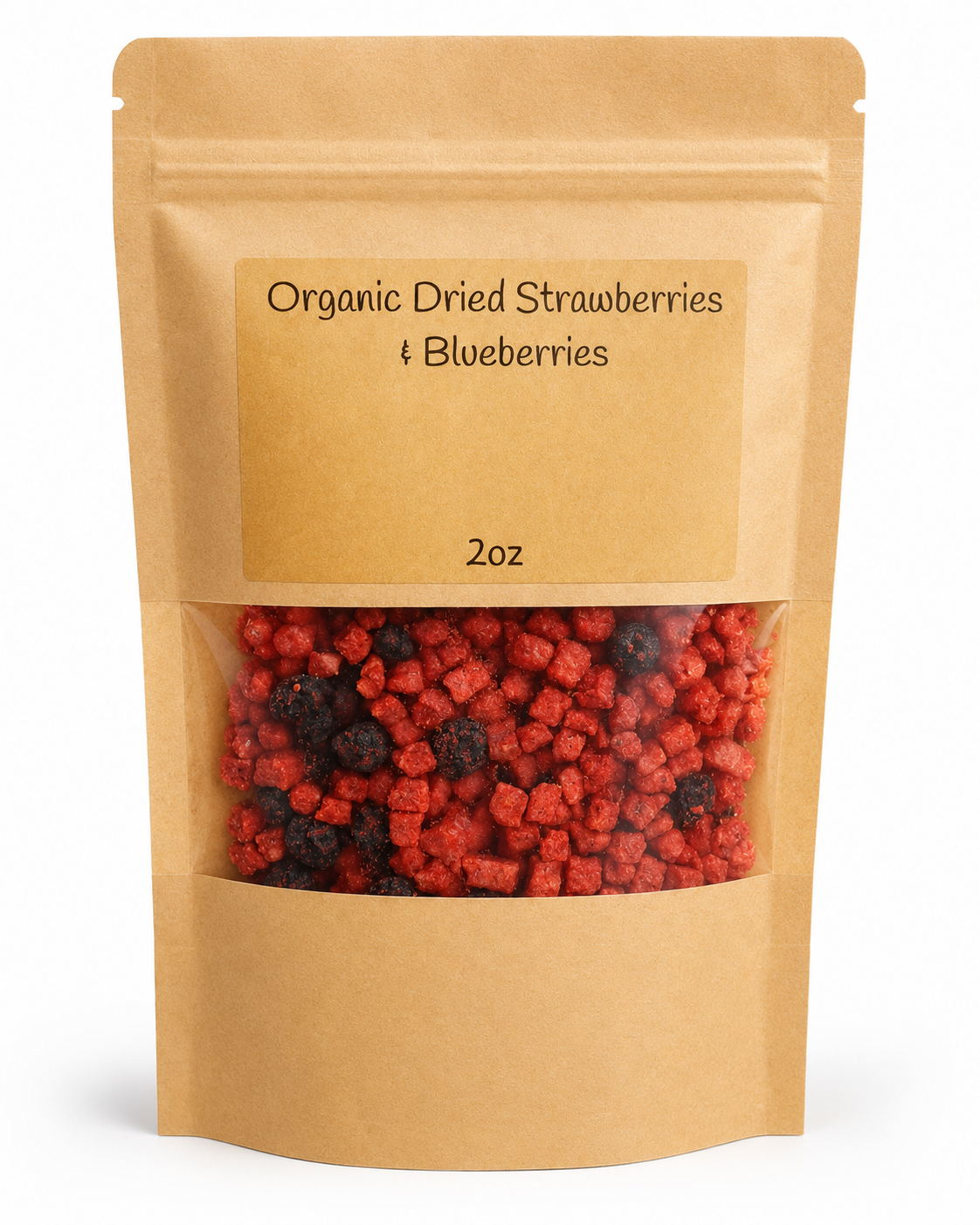 a picture of two ounces of mixed strawberries and blueberries inside a brown resealable bag with a viewing window to see the material