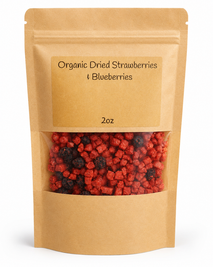 a picture of two ounces of mixed strawberries and blueberries inside a brown resealable bag with a viewing window to see the material