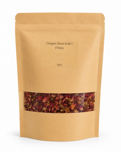 a picture of four ounces of Organic rose buds and petals inside a brown resealable bag with a viewing window to see the material