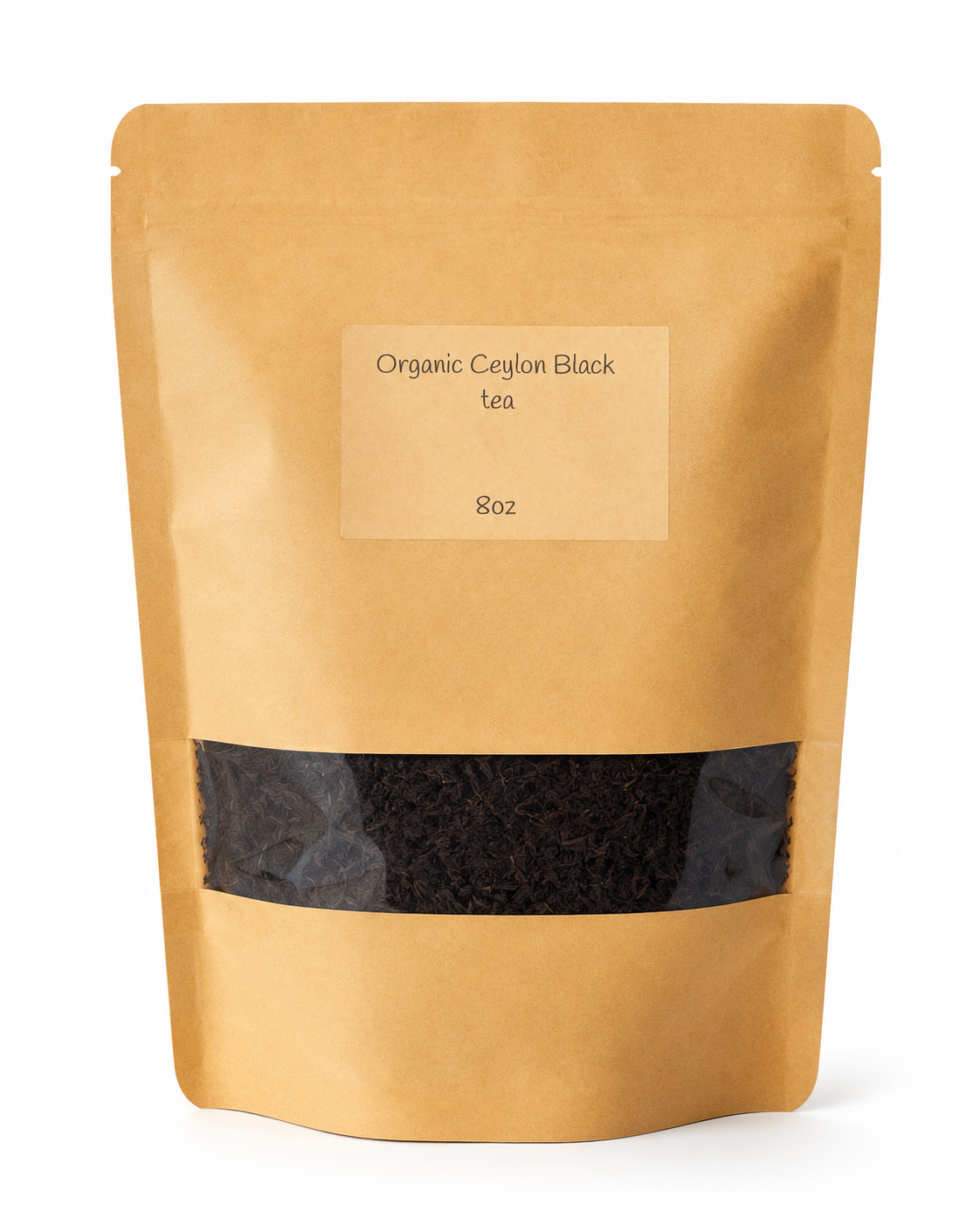 a picture of eight ounces of ceylon black tea inside a brown resealable bag with a viewing window to see the material