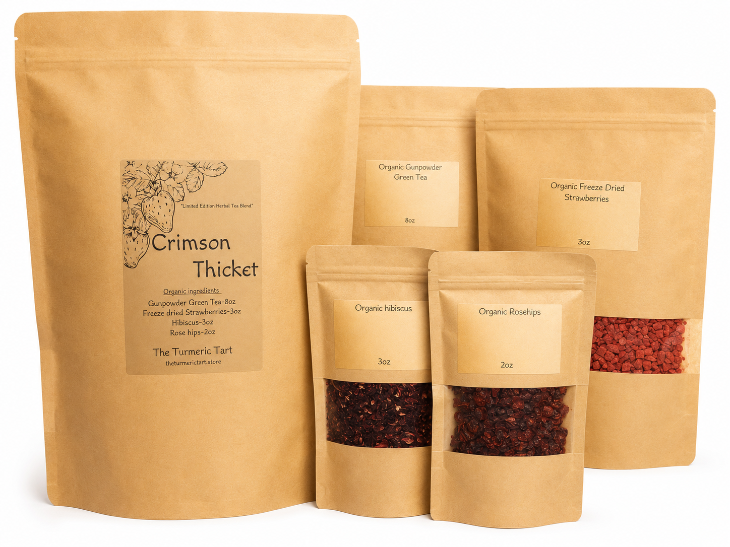 Set of organic food packages with visible brand names on a white background
