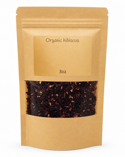 Kraft paper packaging of organic hibiscus with visible product inside on a white background