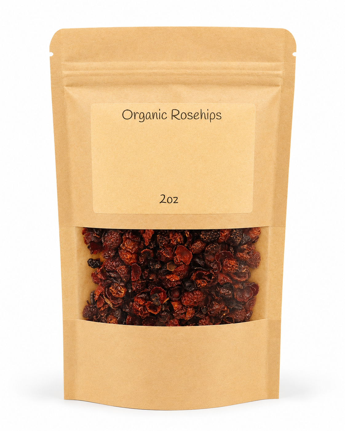 Kraft paper packaging of organic rosehips on a white background