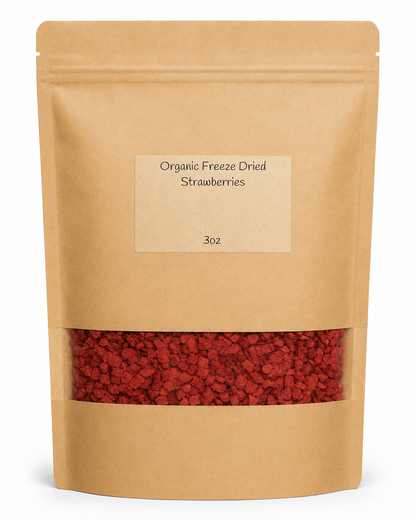 Kraft paper package of organic freeze-dried strawberries with a visible label.