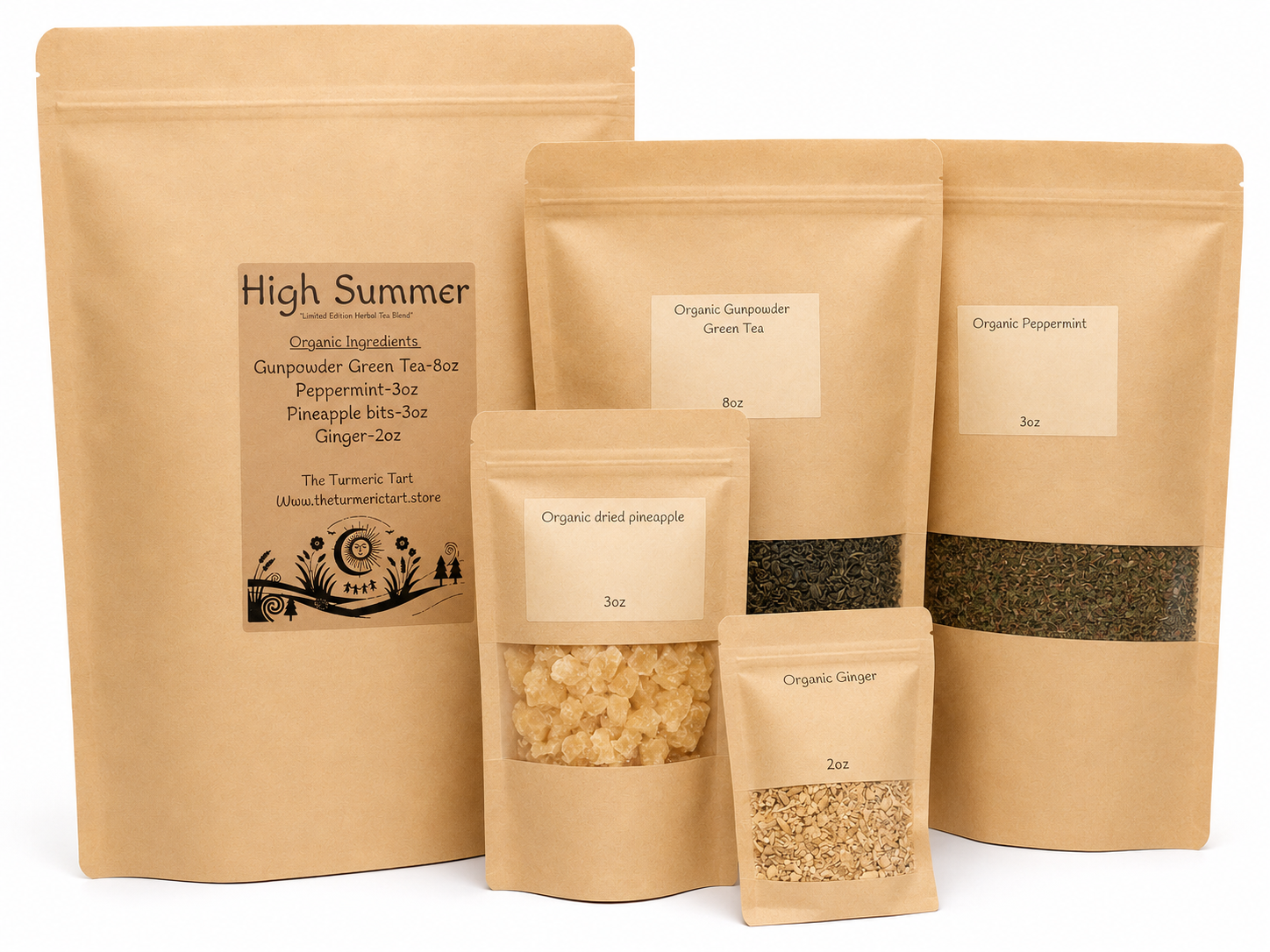 five brown bag on a white background with small writing and a larger bag that reads clearly "high Summer"
