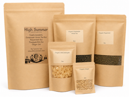 five brown bag on a white background with small writing and a larger bag that reads clearly "high Summer"
