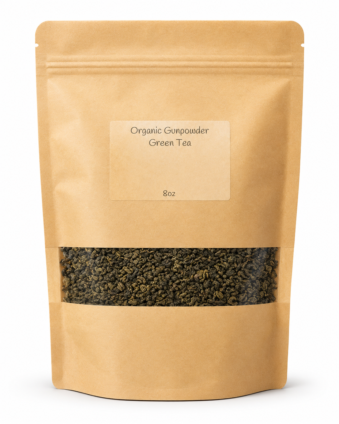 a picture of eight ounces of organic gunpowder green tea inside a brown resealable bag with a viewing window to see the material