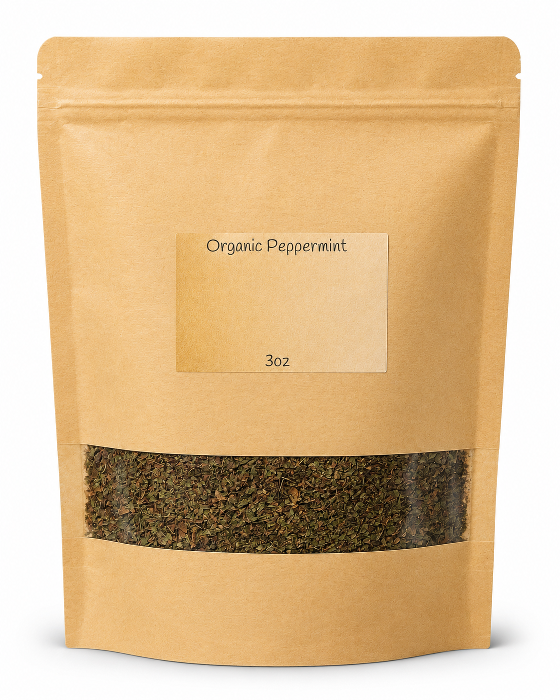 a picture of three ounce of organic peppermint inside a brown resealable bag with a viewing window to see the material