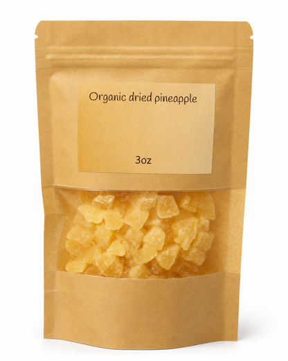 Kraft paper packaging of organic dried pineapple on a white background
