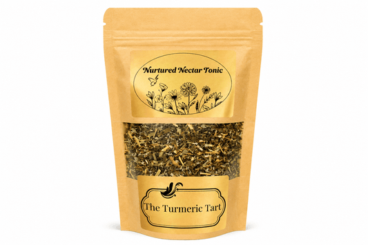 Nurtured Nectar loose leaf herbal tea in a kraft pouch with a window, by The Turmeric Tart