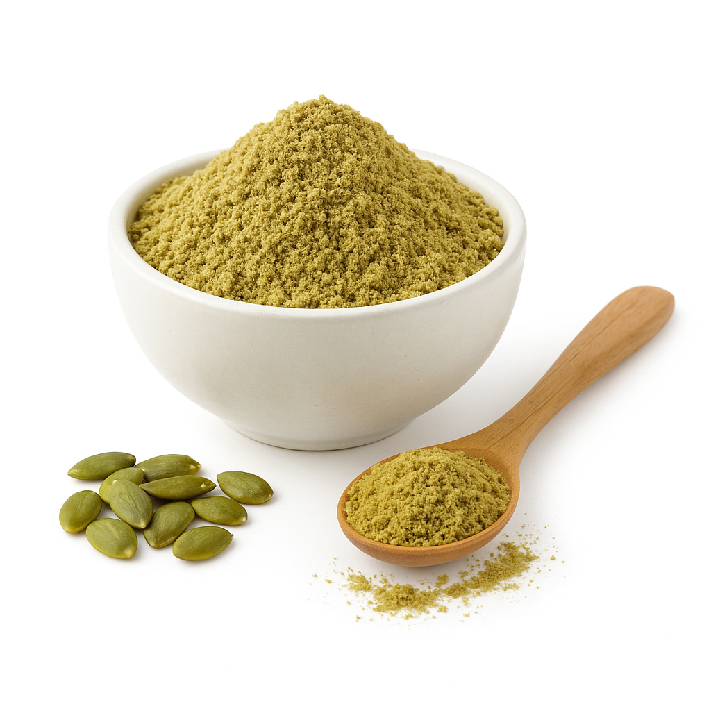 Organic pumpkin seed powder in a white bowl with a wooden spoon and green pumpkin seeds on a white background.