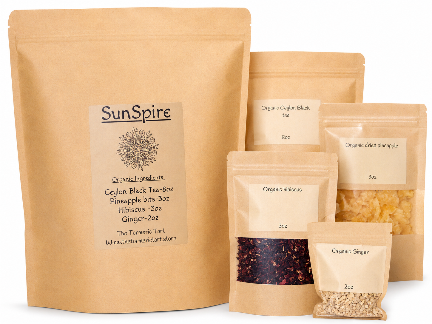 SunSpire tea packaging with various tea bags on a white background