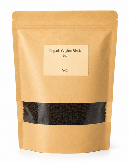 Kraft paper tea bag with a label for Organic Ceylon Black tea on a white background