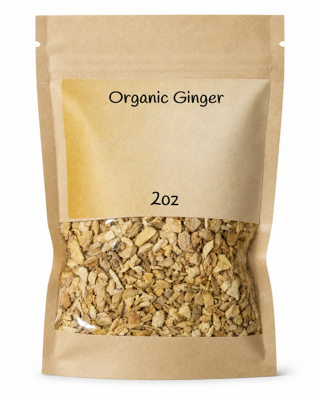 Kraft paper packaging of organic ginger with a clear window