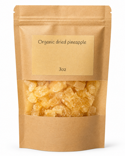 Kraft paper packaging of organic dried pineapple on a white background