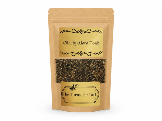 Vitality Ward Tonic loose leaf herbal tea in a kraft pouch with a window, by The Turmeric Tart